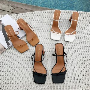 Spring Summer New Simple Versatile Thin Strap Chunky Heel Sandals Fashion Square Toe Open Toe Solid Color Elegant Women Shoes