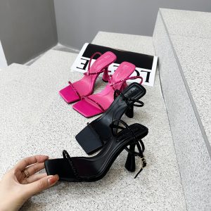 Fashion Square Toe Minimalist One-Strap Sandals 2023 Spring Summer New Rhinestone High Heel Buckle Strap Sandals