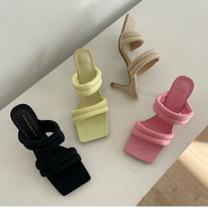 2023 Summer New Solid Color Silk Thin Heel Slippers Korean Style Simple One-Strap High Heel Slippers