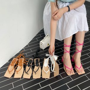 2022 Summer Ins Style Lace-Up Chunky Heel Sandal Boots Korean Minimalist Cross Strap Toe Post Sandals