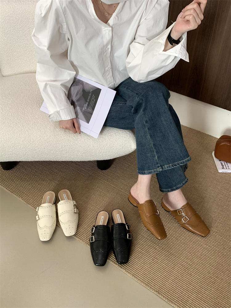 French Style Carved Hollow Out Chunky Heel Slippers Women 2025 New Fashion Daily Wear