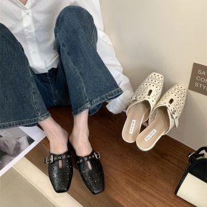 French Vacation Style Chunky Heel Open Toe Half Slippers Women 2025 Summer New Trendy Breathable Beach Sandals