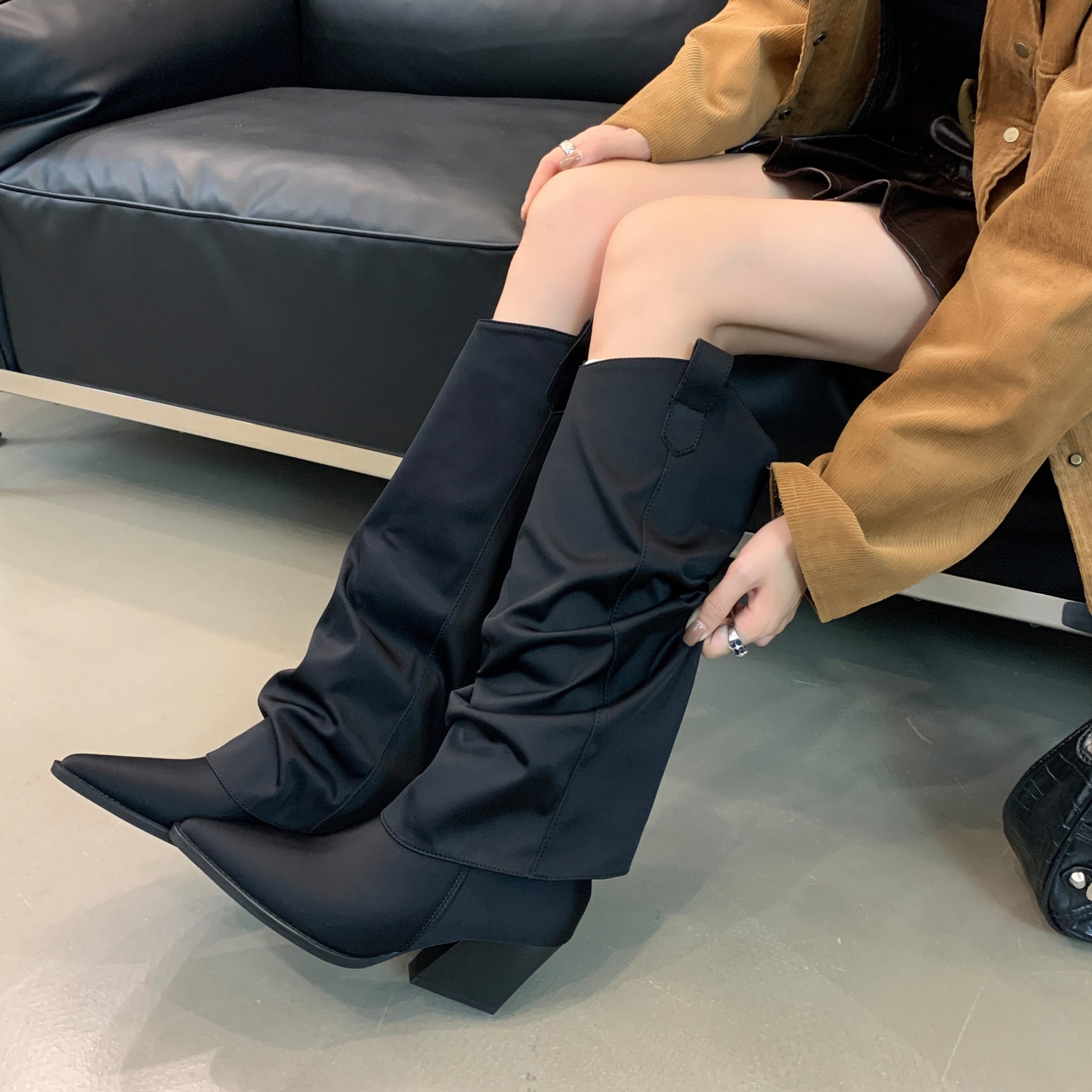 BUBUFLY Women's Black Patent Leather Knight Boots High Heel Stack Boots Height Increasing - Image 3