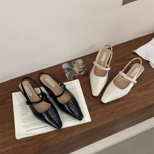 French Low Heel Black Mary Jane Shoes Pointed Toe Backless Slingback for Women 2025 Spring Summer