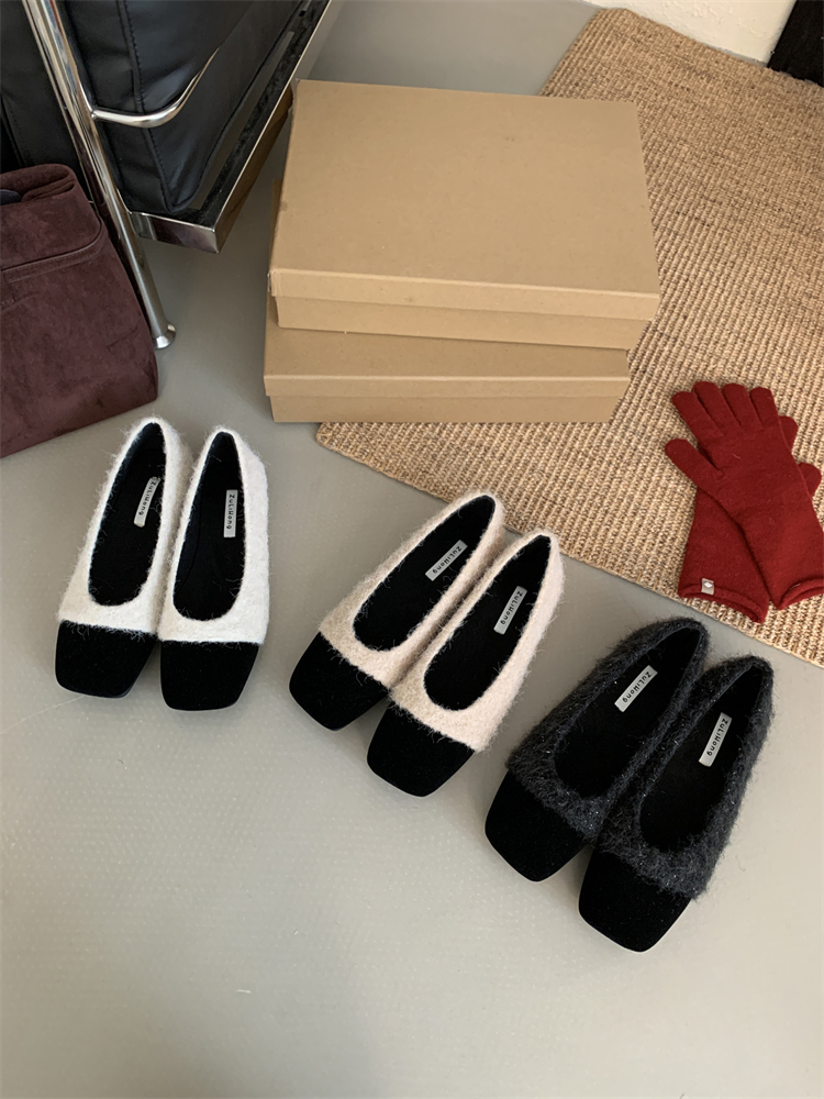 French Flat 2025 Warm Milk Tea Apricot Fur Women's Shoes Autumn Winter Velvet Little Fragrance Style with Dress Grandma Cotton Shoes