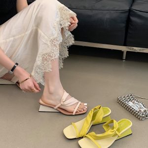 Women's Wedge Heel Square Toe Slippers with One-Strap Open Toe Sandals