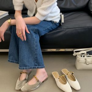 New Summer Square Toe Backless Mule Slippers for Women Chunky Heel Open Toe Slip-On Shoes