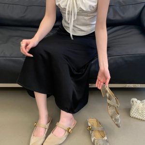 FENGDA Women's Khaki Champagne Mule Slippers Open Back Square Toe Metal Strap Flat Heel Slip-On